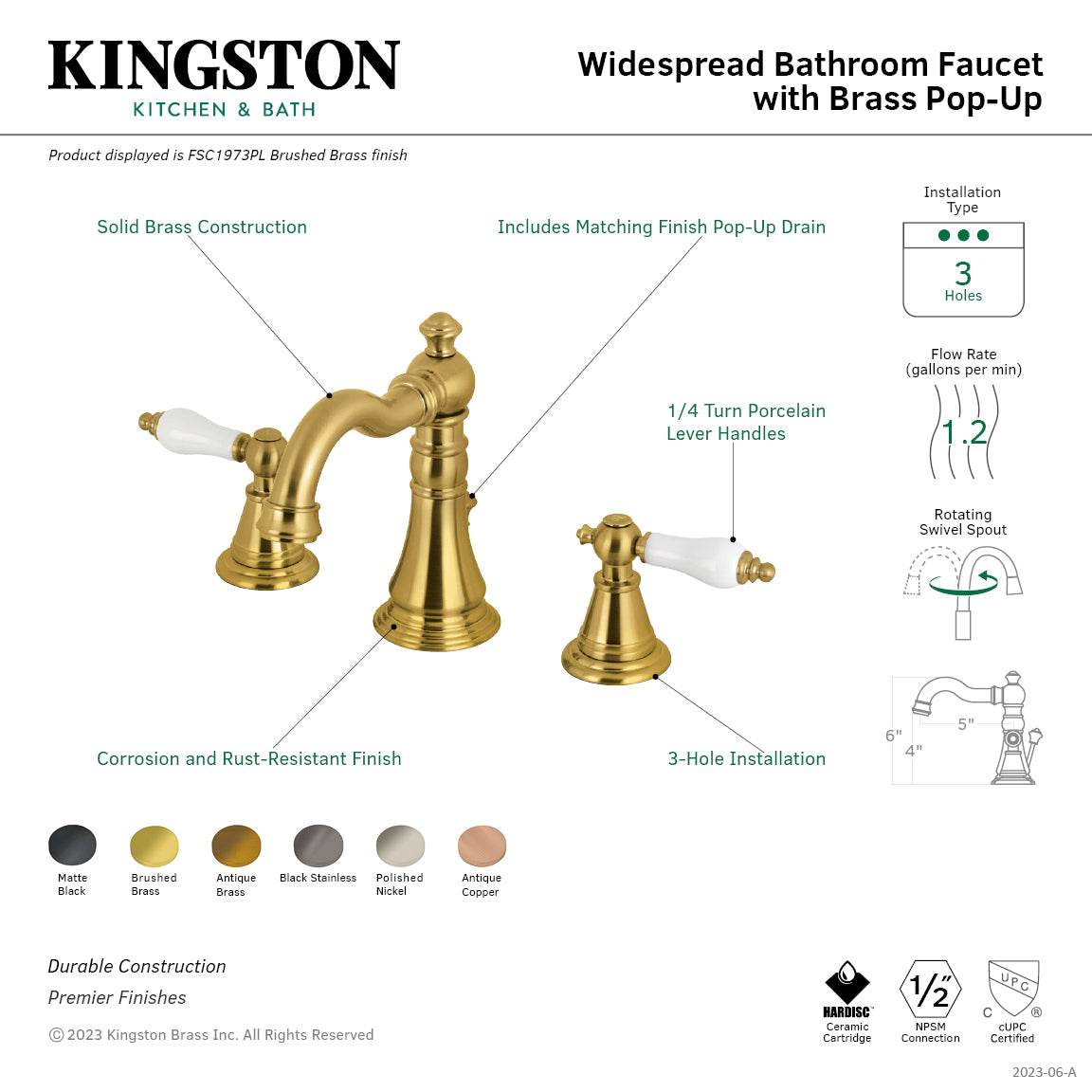 Kingston Heirloom FSC1974PL - English Classic Two-Handle 3-Hole Deck Mount Widespread Bathroom Faucet with Brass Pop-Up, Black Stainless — thumbnail 2